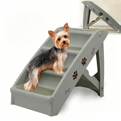 Produktbild von QEENTOE Hundetreppe 4 Stufen, faltbar, rutschfeste Matte, 50 cm Höhe, Max. Belastung 75 kg, tragbare Haustiertreppe für Hunde & Katzen, Grau