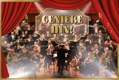 Produktbild von Geburtstagskarte mit Sound, A4, Motiv Vorhang und Orchester, Aufdruck „GENIEẞE IHN!“