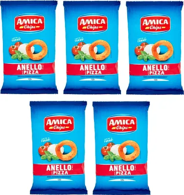Produktbild von 5x Amica Chips Anello Pizza Mais-Snacks mit Pizzageschmack Salziger Snack 125g Beutel