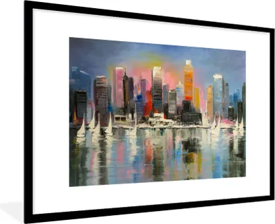Produktbild von MuchoWow® Gerahmtes Poster Gemälde - Öl - Skyline - Wasser 90x60 cm - Poster mit Schwarzem Bilderrahmen Wandposter Rahmen Foto Bilder - Wanddekoration - Fotos