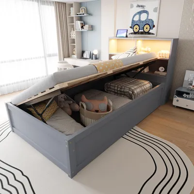 Immagine prodotto di Divano letto Sweiko 90x200, con prese multiple e diversi vani portaoggetti, con striscia luminosa, letto idraulico, letto in legno massiccio, letto singolo, letto multifunzionale in legno, grigio.