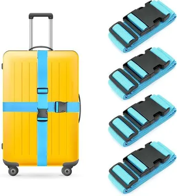 Produktbild von Famanu Gepäckriemen Set von 4 - Verstellbare Gepäckbänder mit Kreuzverschluss und 2 Namensschildern - Blau