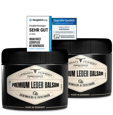 Produktbild von Premium Leder Balsam von URBAN Forest mit Bienenwachs & Avocado-Öl | 2X 250ml Lederpflege für Auto Möbel Jacke Motorradbekleidung Handtaschen Sattel