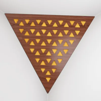 Produktbild von 2er-Pack – Deckenecken-Bassfalle "Triangle-F" | Pyramidenförmiger Akustikschaum mit laminierter HDF-Platte und Stoff [TRI -Nussbaum|Gelb]