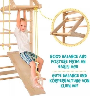 A young boy is using a wooden climbing frame with various attachments, including rings and a slide. Text overlays highlight the benefits of the product.