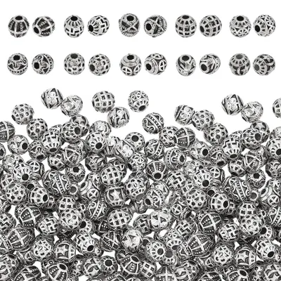 200 Abstandsperlen, 6 mm, tibetische Legierung, 10 Stile, silber