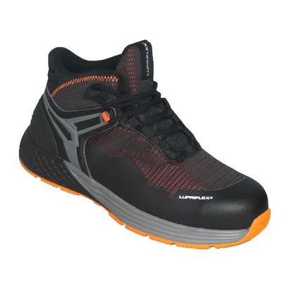 A studio shot of a single black and gray work boot with orange accents.