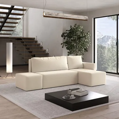 Produktbild von Masseno Ecksofa VELOTTI R-S mit Schlaffunktion L-Form, Sofa mit Bettkasten, Wohnzimmersofa, Couch, Soffa, Bettsofa, Couchgarnitur- Creme, QUELLE 02