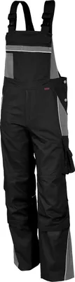 A pair of black and gray work overalls against a white background.