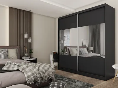Produktbild von ALTDECOR Kleiderschrank mit Spiegel und Schiebetüren, kugelgelagerte Führungsschienen und Aluminium-Leisten - CELI - 200 cm - Schwarz