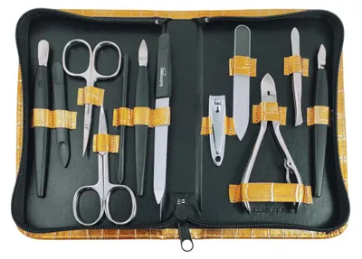 Produktbild von Maniküre Pediküre Set 12-teilig Solingen Qualität Germany – Nagelpflege Set mit Etui Kunstleder Kroko Gold