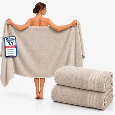 Produktbild von Komfortec 2er Saunatuch Set 80x200 cm aus 100% Baumwolle, XXL-Saunatücher, Sauna Handtuch, Weich, Groß, Frottee, Schnelltrocknend, Beige