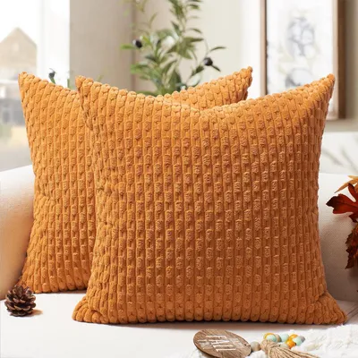 Produktbild von Kissenbezug 45x45 cm Orange Cord 2er Set Boho weiche Hülle Sofakissen Dekokissen Herbstdeko