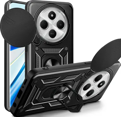 A black protective phone case with a camera lens cover and a ring holder is shown from multiple angles against a white background.