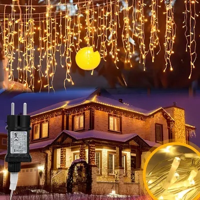 Zdjęcie produktu dla Vigevee 10 metrów, LED, lampki "śnieżny deszcz", dekoracja świetlna, 400 diod LED, imitacja kryształków lodu, świąteczne oświetlenie, 8 trybów, dekoracja świąteczna, do wnętrz i na zewnątrz, ciepła biel, idealna na imprezy i do ogrodu