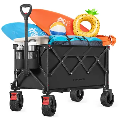 Produktbild von Faltbarer Bollerwagen - Handwagen 150 L - Tragkraft 150 kg - 4 abnehmbare Räder - Für Garten, Camping und Outdoor - Schwarz