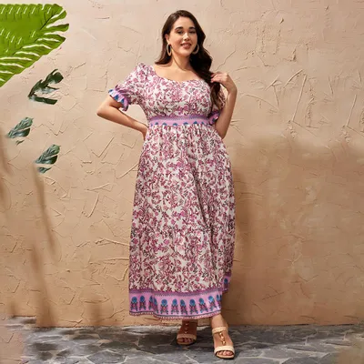 Produktbild von Plus Size Damen Midi Kleid mit Blumenprint, A-Linie mit kurzen Ärmeln und Taschen, Größe 48