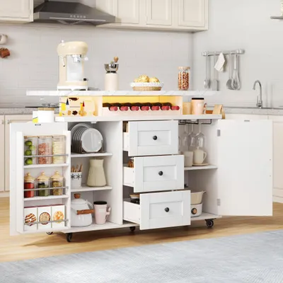 Obrázek produktu pro okwish Mobilní kuchyňský ostrov, kuchyňský vozík se sklopnou pracovní deskou a LED osvětlením, sideboard se zásuvkami - velký úložný prostor do kuchyně a jídelny,Bílá