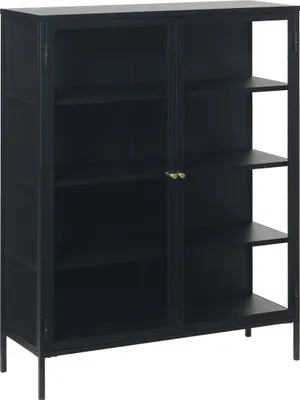 Produktbild von Vitrine "CARMEL" aus Metall Schwarz Lackiert in Metall Schwarz Lackiert mit Absetzungen in Griffe Gold. Abmessungen (B/H/T) 110x140x40 cm