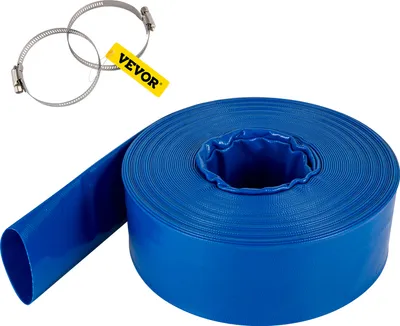A roll of blue flat hose and two metal hose clamps are displayed against a white background.