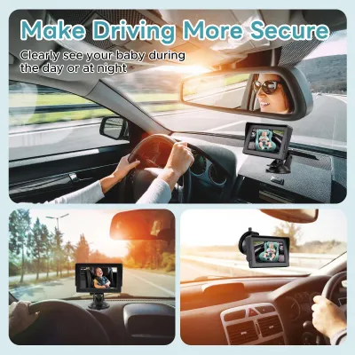 Productafbeelding van Babycamera voor in de auto, met 4,3-inch scherm, nachtzicht, 150° kijkhoek, 360° draaibaar, achteruitkijkspiegel voor baby's, kinderen en peuters