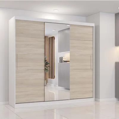 Produktbild von Schwebetürenschrank Kleiderschrank Schrank Schlafzimmer 233 cm Weiß/Sonoma mit Spiegel - Astra