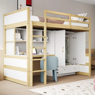 Produktbild von okwish Hochbett 90x200 Bettgestell ohne Matratze,Jugendbett mit Kleiderschrank und Schubladen,Kinderbett mit Schreibtisch und mehreren Fächern,Holzfarbe