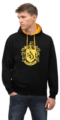 Produktbild von Spreadshirt Harry Potter Hufflepuff Wappen Uni Kontrast Hoodie, L, Schwarz/Gold