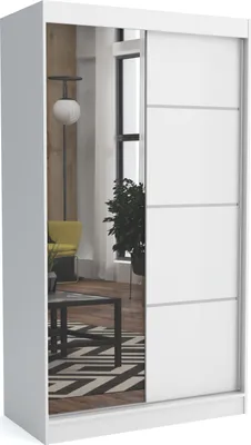 A white wardrobe with a mirrored door, reflecting a living room scene.