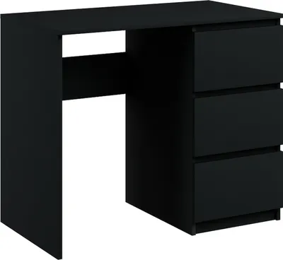 A black desk with three drawers on the right side.