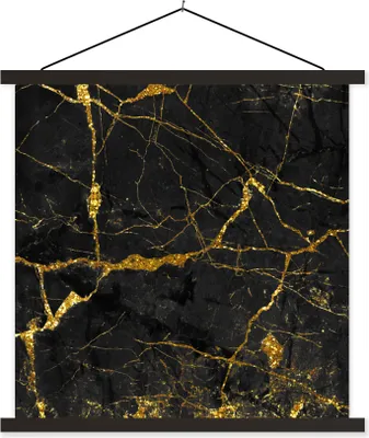 Produktbild von MuchoWow® Textilposter Marmor - Gold - Schwarz - Marmoroptik - Luxe - Glitzer 120x120 cm mit schwarzem Rahmen - Aufhängungsset