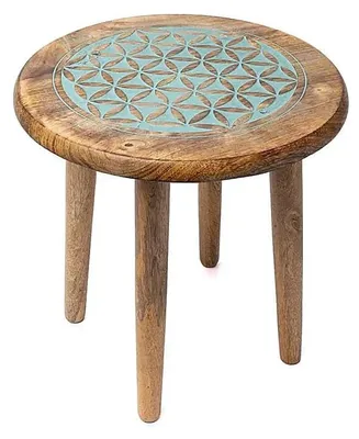 Productafbeelding van Bijzettafeltje "Blume des Lebens", blauw, van mangohout – rond – Ø 30 cm x hoogte 31 cm – Houten kruk met 4 poten, plantenstandaard, bijzettafeltje, altaartafel voor edelstenen, meditatiedek