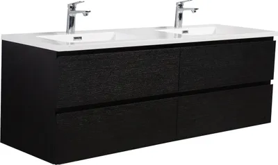A black wooden bathroom vanity with a white countertop and two sinks, featuring chrome faucets. The vanity has four drawers.