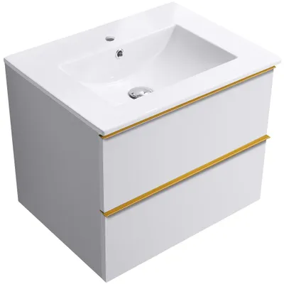 Zdjęcie produktu dla CERANO – Szafka łazienkowa Velora – biała matowa, uchwyt w kolorze złotym + ceramiczna umywalka Todo – 71 x 55 x 46,5 cm