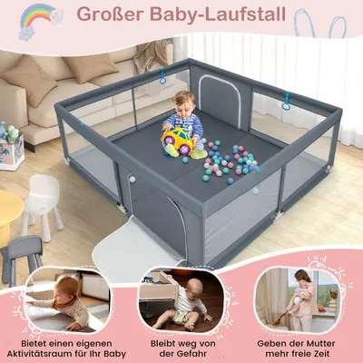 Produktbild von 200 x 180 cm Baby Laufstall mit 50 Ozeanbällen & 4 Griffen & Tür Laufgitter Krabbelgitter Grau