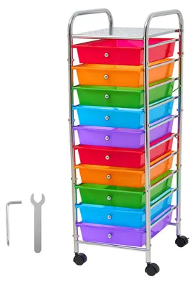 Immagine prodotto di Carrello SucceBuy con 10 cassetti, contenitore di stoccaggio mobile, dimensioni 395x335x990mm, colorato, struttura in metallo, superficie di appoggio, maniglie, ruote con 2 freni, ideale per ufficio, officina, laboratorio e garage