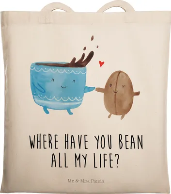 Produktbild von Mr. & Mrs. Panda Beutel Kaffee Bohne - Transparent - Geschenk, Jutebeutel, Kaffeebohne, Schultasche, Tasche, Tote Bag, Glück, Lustige Sprüche, Genuss, Zufriedenheit