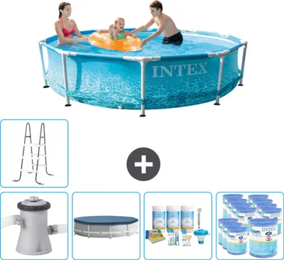 Produktbild von Intex Rundrahmen-Schwimmbecken – 305 x 76 cm – Wasserdruck – inklusive Pumpe Abdeckung - Wartungspaket - Filter - Leiter