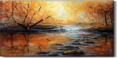 Produktbild von Küchenuhr Bürouhr Leinwand Uhr Geräuschlos 60x30 Landschaft Wasser Bäumen Herbst - schwarze Hände