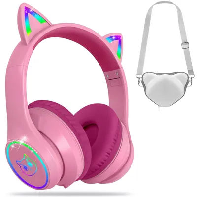 Zdjęcie produktu dla Słuchawki Bluetooth dla dzieci z etui, bezprzewodowe, z podświetleniem LED, kolor różowy