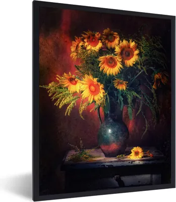 Produktbild von MuchoWow® Gerahmtes Poster Sonnenblumen - Vase - Stilleben 60x80 cm - Poster mit Schwarzem Bilderrahmen Wandposter Rahmen Foto Bilder - Premium - Wanddeko Wohnzimmer