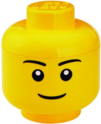 A yellow LEGO storage head with a face printed on it.