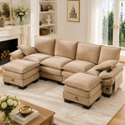 Zdjęcie produktu dla Modułowa sofa dwuosobowa z obiciem z cordury w kolorze khaki, wyposażona w dwa pufy, port USB-C, boczne kieszenie oraz puf służący jako dodatkowa przestrzeń do przechowywania. Idealna do salonu lub biura