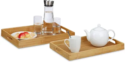 Produktbild von Serviertabletts – Set aus 2 – Hoher Rand – Mit Griffen – Bambus – 45 und 42 cm breit – Serviertablett – Präsentationstablett – Natürliches Material