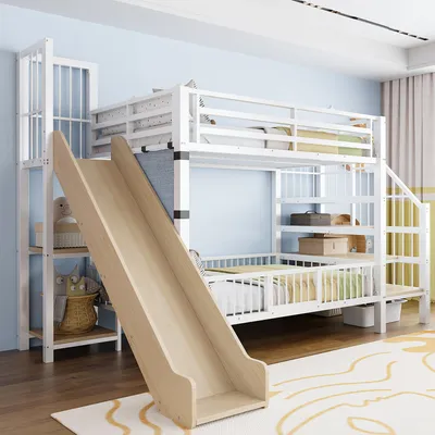Obrázek produktu pro okwish Vysoká postel 90x200 se skluzavkou a schody s úložným prostorem, dětská postýlka s bezpečnostním zábradlím, patrová postel s úložným prostorem, bílá (bez matrace)