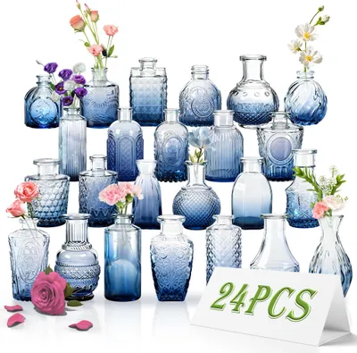 Image de LARS360 24 pièces petits vases de bar en verre, mini set de déco de table bleu - vases à fleurs & vases à bourgeons, modernes et fonctionnels avec un design accrocheur
