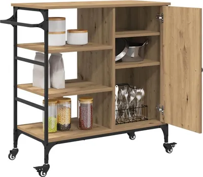 A kitchen trolley with shelves and a cabinet, displaying various kitchen items.