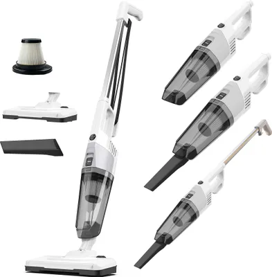 A collage of a white and gray stick vacuum cleaner and its accessories, shown from various angles and in different configurations.