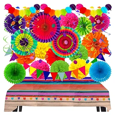 Produktbild von Fiesta Party Dekorationen, Bunte Tischdecke, Papierfächer, Pompons, Ballongirlanden für mexikanische Feiern