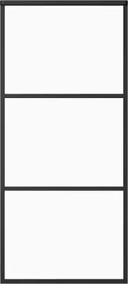 A product image showing a black framed glass sliding door divided into three equal sections by horizontal black bars.
